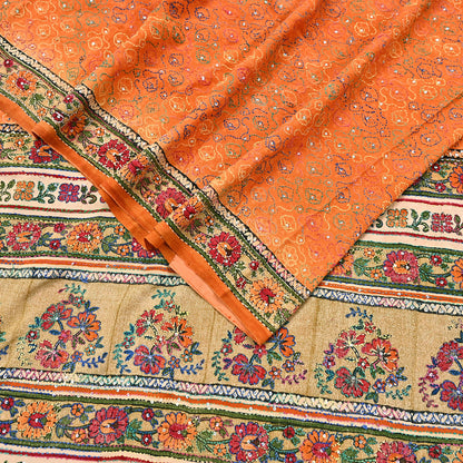 Indian Vintage Sari orange Pure Crepe Silk Hand Embroidered Kantha Saree 5yd Craft Fabric Sewing Floral Soft Dress making Crafting