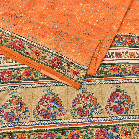 Indian Vintage Sari orange Pure Crepe Silk Hand Embroidered Kantha Saree 5yd Craft Fabric Sewing Floral Soft Dress making Crafting
