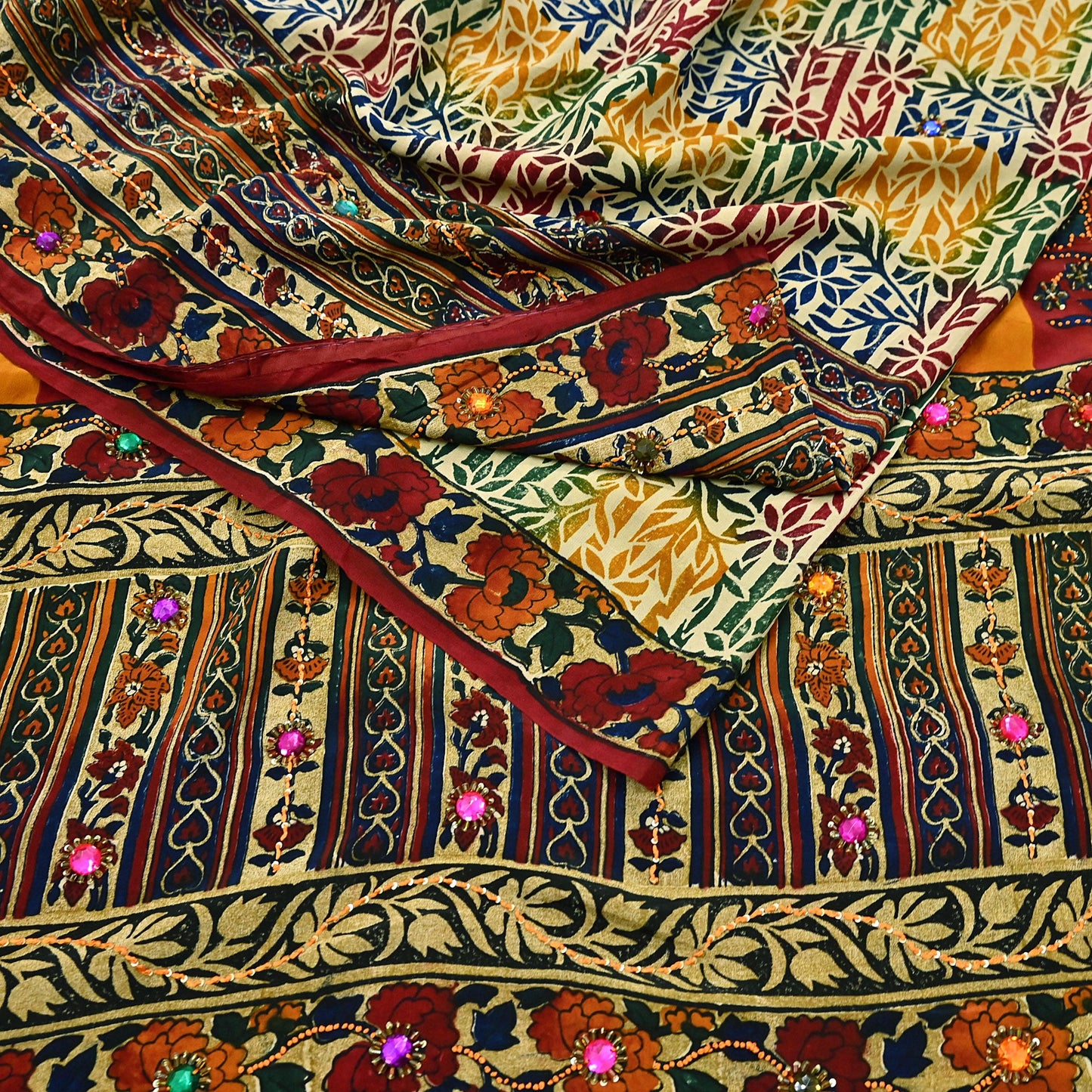 Indian Vintage Sari Multi & Beige Pure Crepe Silk Hand Embroidered Saree 5yd Sewing Floral Craft Sequins Dress making Crafting Quilting