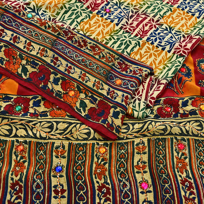 Indian Vintage Sari Multi & Beige Pure Crepe Silk Hand Embroidered Saree 5yd Sewing Floral Craft Sequins Dress making Crafting Quilting