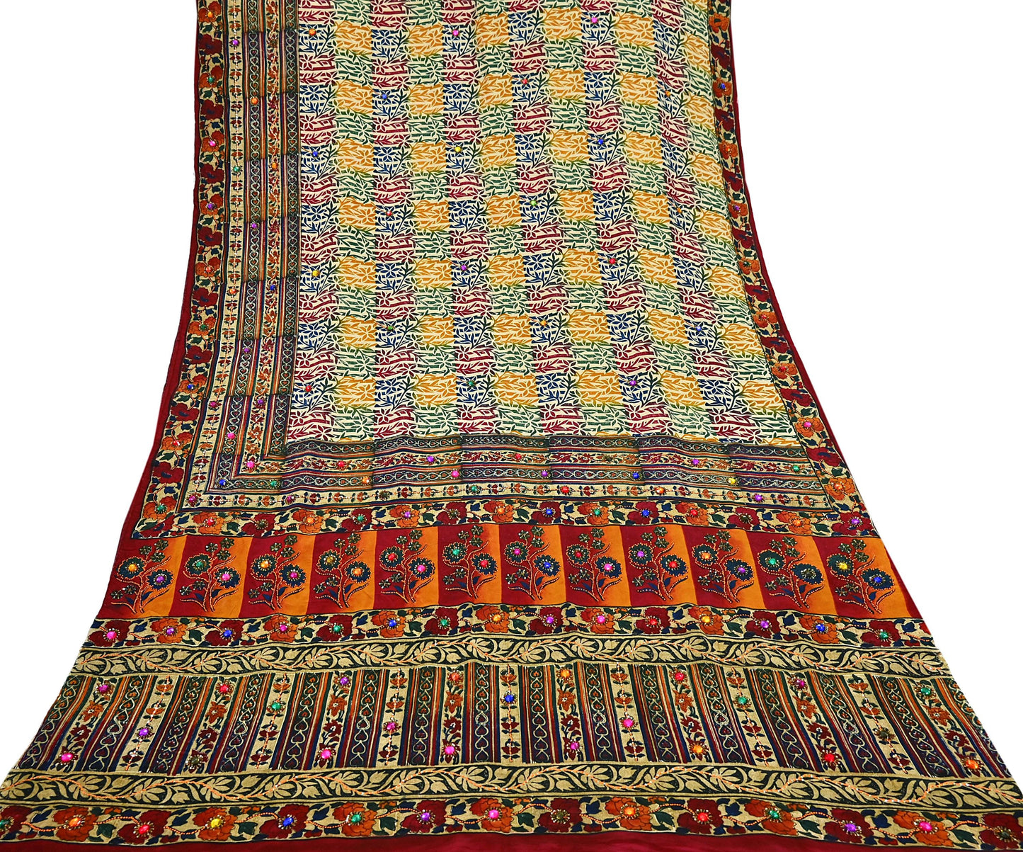 Indian Vintage Sari Multi & Beige Pure Crepe Silk Hand Embroidered Saree 5yd Sewing Floral Craft Sequins Dress making Crafting Quilting