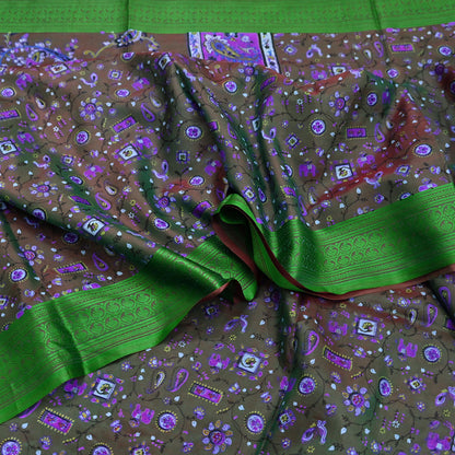 Indian Vintage Sari Green 100% Pure Silk Printed Sarees 6yd Sewing Craft Fabric Dress Making Soft Woven Border Upcycle Quilting