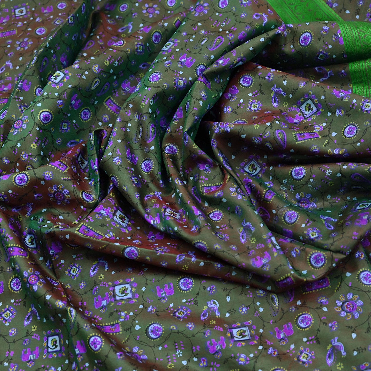 Indian Vintage Sari Green 100% Pure Silk Printed Sarees 6yd Sewing Craft Fabric Dress Making Soft Woven Border Upcycle Quilting