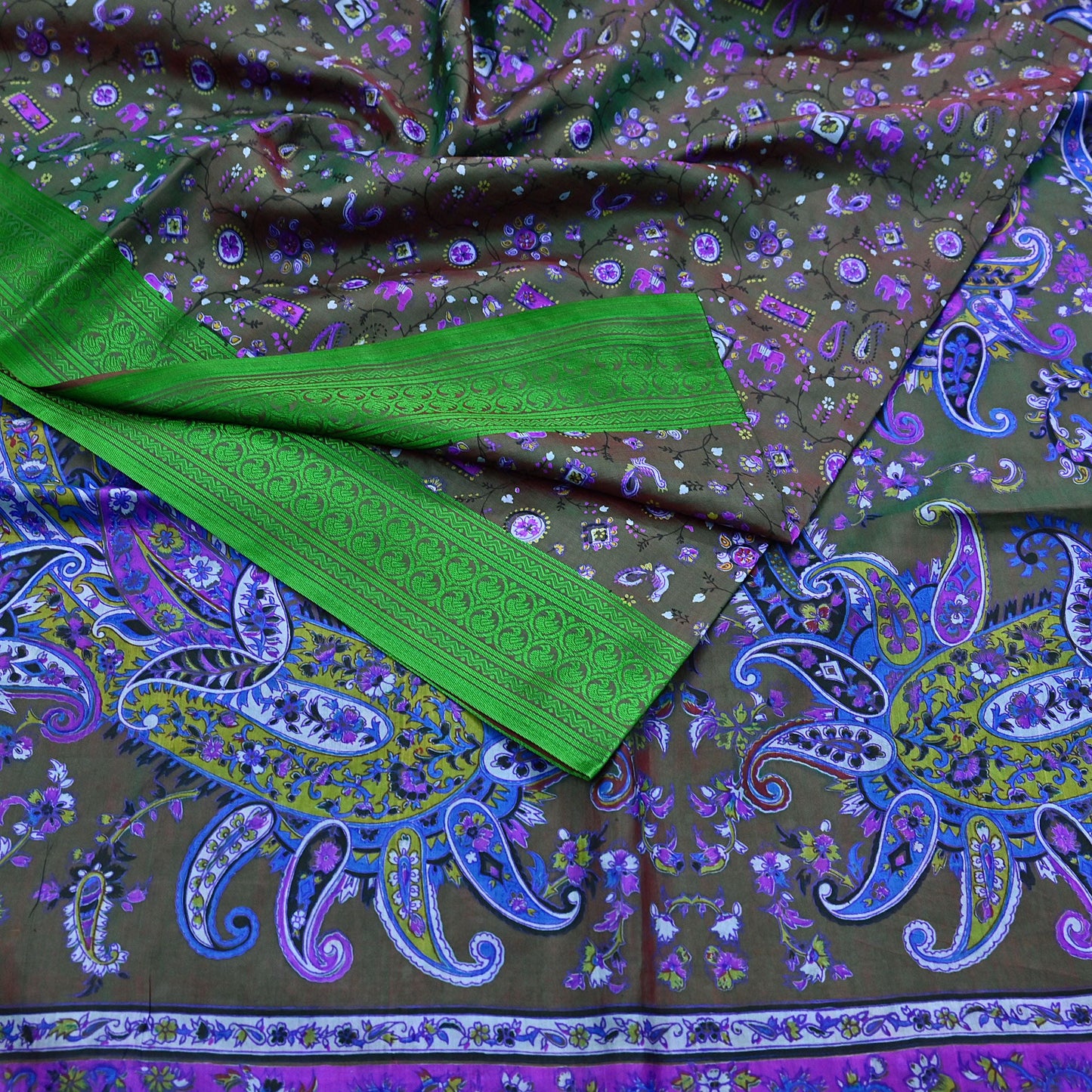 Indian Vintage Sari Green 100% Pure Silk Printed Sarees 6yd Sewing Craft Fabric Dress Making Soft Woven Border Upcycle Quilting