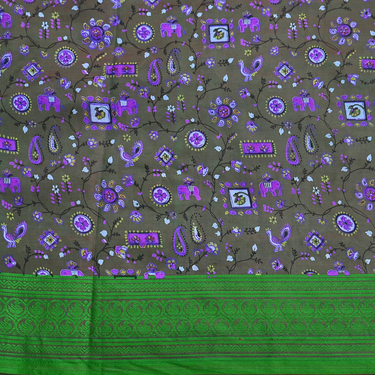 Indian Vintage Sari Green 100% Pure Silk Printed Sarees 6yd Sewing Craft Fabric Dress Making Soft Woven Border Upcycle Quilting