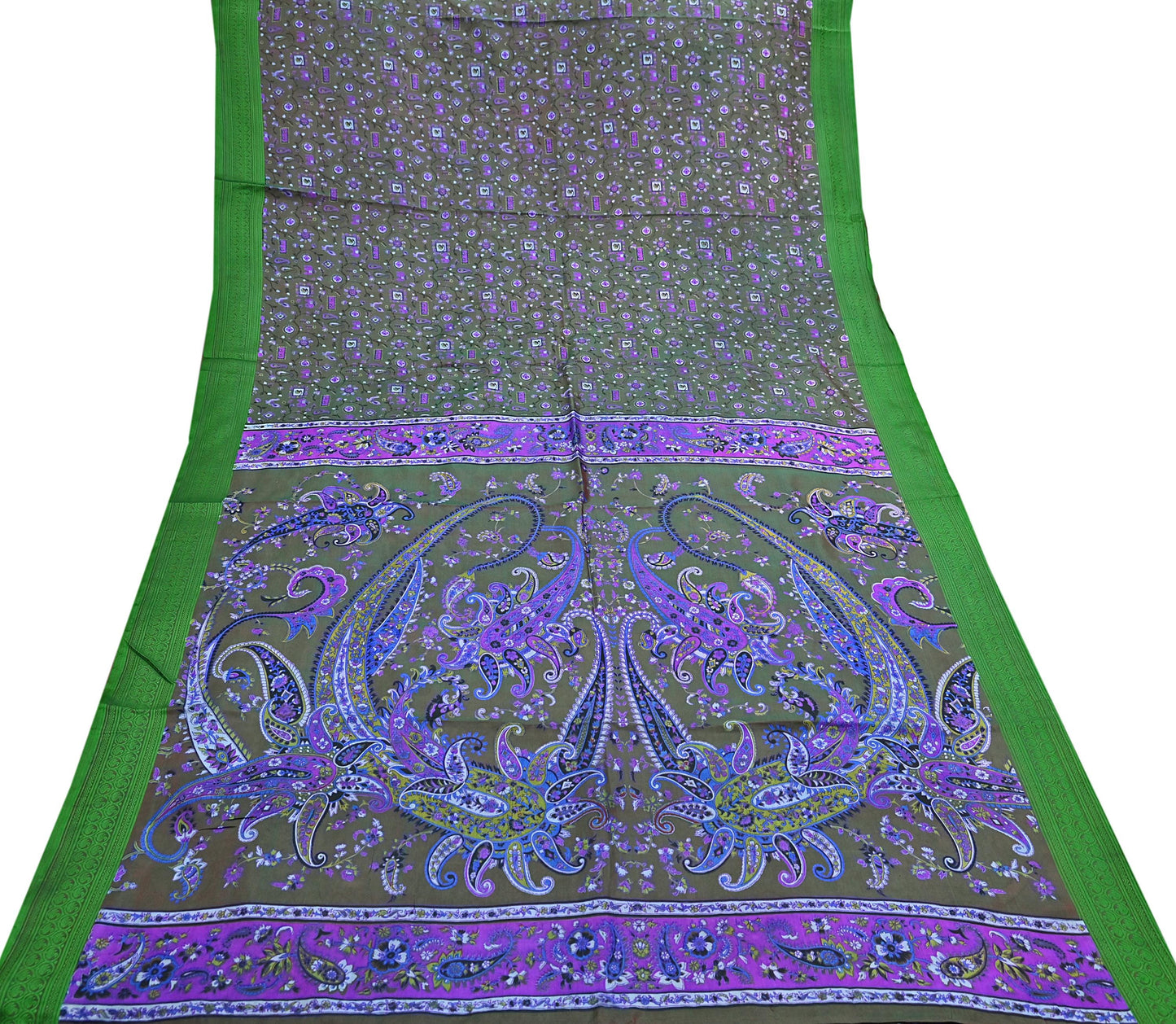 Indian Vintage Sari Green 100% Pure Silk Printed Sarees 6yd Sewing Craft Fabric Dress Making Soft Woven Border Upcycle Quilting