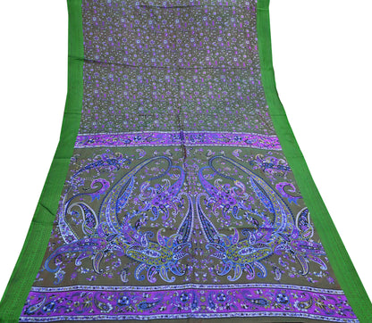 Indian Vintage Sari Green 100% Pure Silk Printed Sarees 6yd Sewing Craft Fabric Dress Making Soft Woven Border Upcycle Quilting