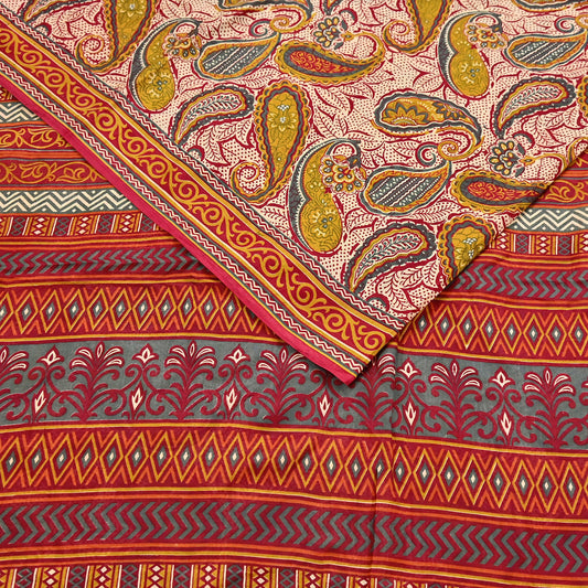 Indian Vintage Sari ivory & Red 100% Pure Silk Printed Sarees 6yd Craft Fabric Sewing Soft Dress Making zigzag Quilting Crafting Upcycle