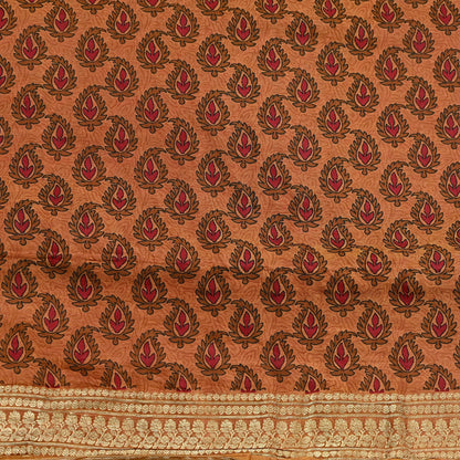 Indian Vintage Sari Red & Saffron 100% Pure Silk Printed Saree Craft Fabric 6yd Sewing Dress Making Soft Wrap Quilting Crafting Upcycle