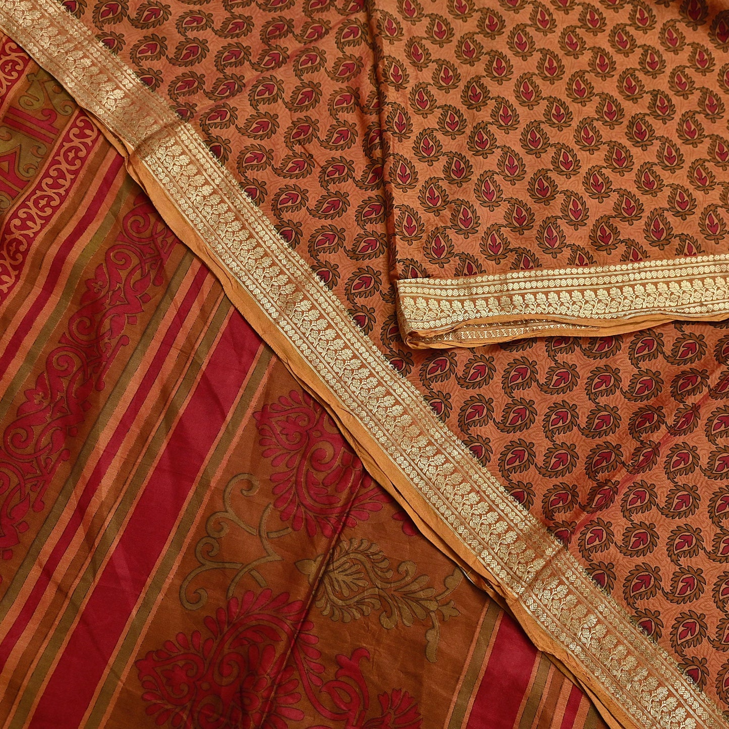 Indian Vintage Sari Red & Saffron 100% Pure Silk Printed Saree Craft Fabric 6yd Sewing Dress Making Soft Wrap Quilting Crafting Upcycle