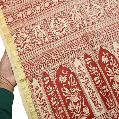 Indian Vintage Sari Rusty & Ivory 100% Pure Silk Printed Saree Craft Fabric 5yd Sewing Dress Making Soft Wrap Quilting Crafting Upcycle