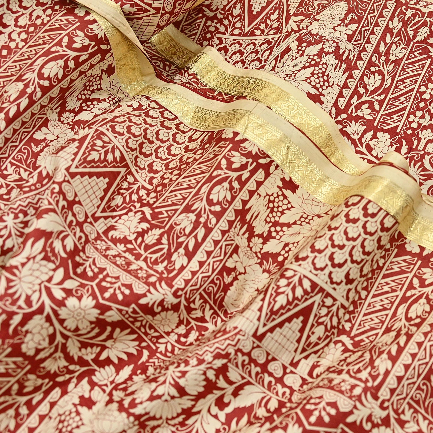 Indian Vintage Sari Rusty & Ivory 100% Pure Silk Printed Saree Craft Fabric 5yd Sewing Dress Making Soft Wrap Quilting Crafting Upcycle