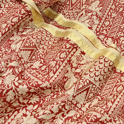 Indian Vintage Sari Rusty & Ivory 100% Pure Silk Printed Saree Craft Fabric 5yd Sewing Dress Making Soft Wrap Quilting Crafting Upcycle