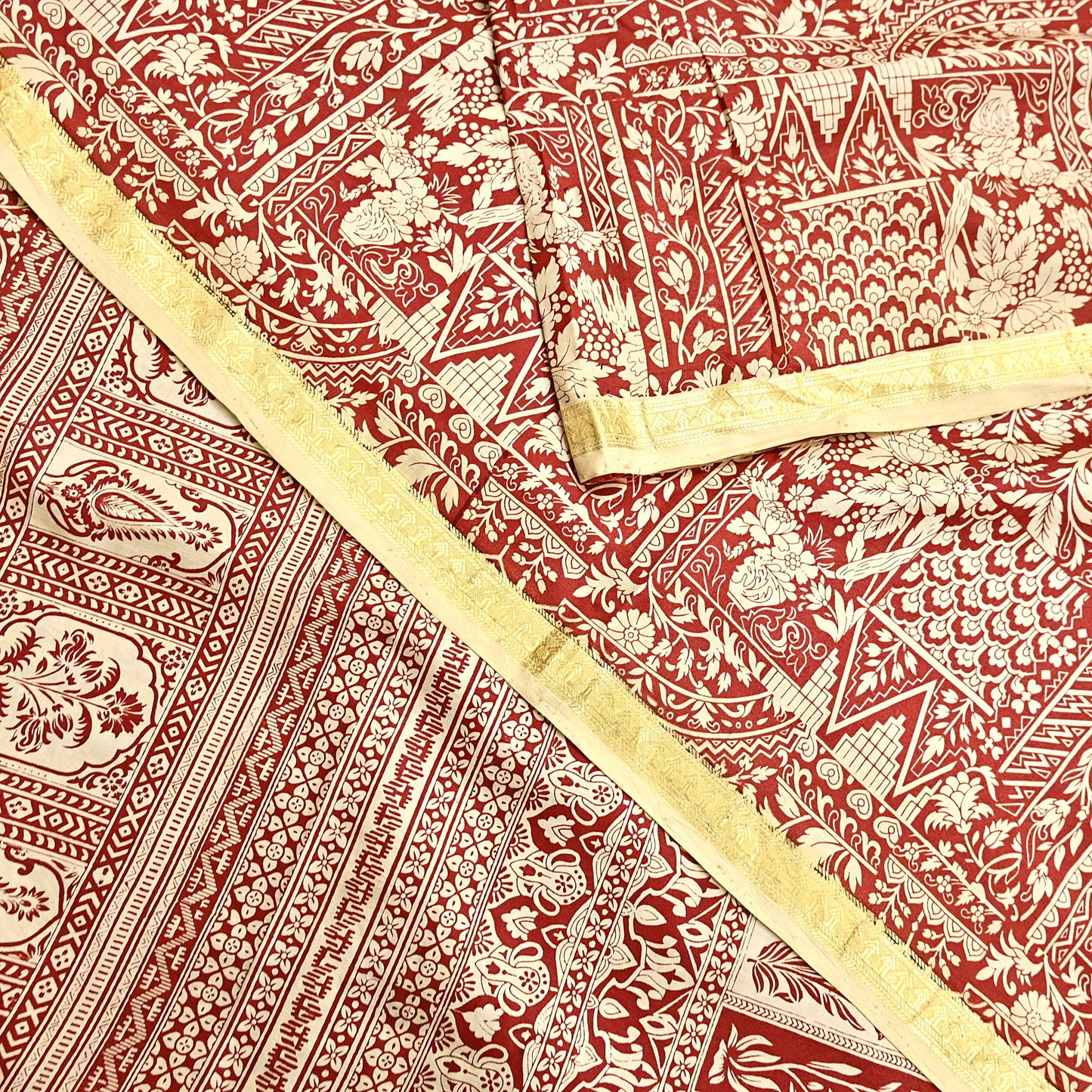 Indian Vintage Sari Rusty & Ivory 100% Pure Silk Printed Saree Craft Fabric 5yd Sewing Dress Making Soft Wrap Quilting Crafting Upcycle