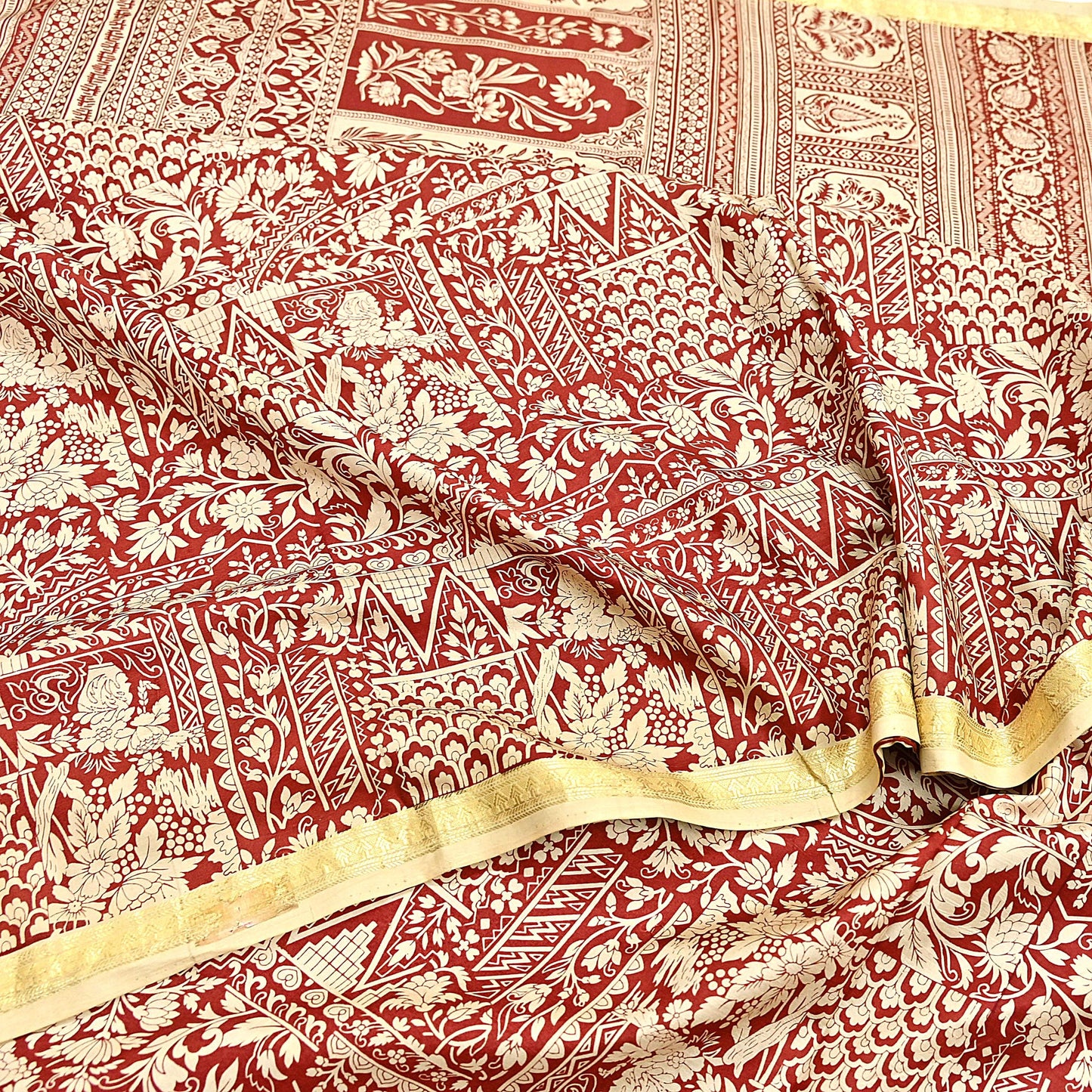 Indian Vintage Sari Rusty & Ivory 100% Pure Silk Printed Saree Craft Fabric 5yd Sewing Dress Making Soft Wrap Quilting Crafting Upcycle