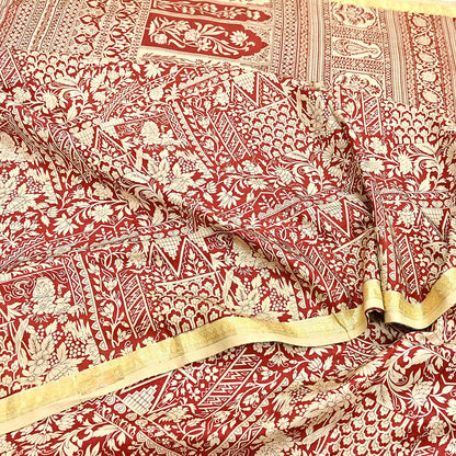 Indian Vintage Sari Rusty & Ivory 100% Pure Silk Printed Saree Craft Fabric 5yd Sewing Dress Making Soft Wrap Quilting Crafting Upcycle