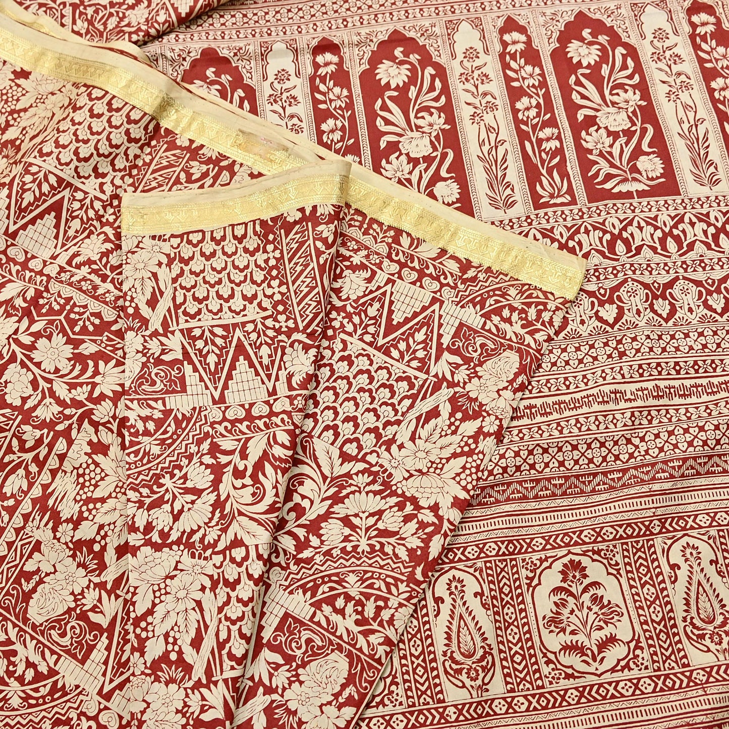 Indian Vintage Sari Rusty & Ivory 100% Pure Silk Printed Saree Craft Fabric 5yd Sewing Dress Making Soft Wrap Quilting Crafting Upcycle