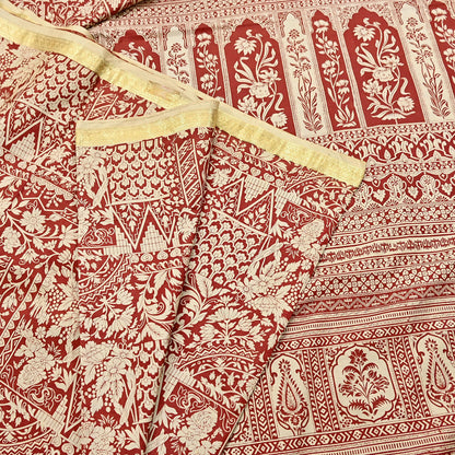 Indian Vintage Sari Rusty & Ivory 100% Pure Silk Printed Saree Craft Fabric 5yd Sewing Dress Making Soft Wrap Quilting Crafting Upcycle