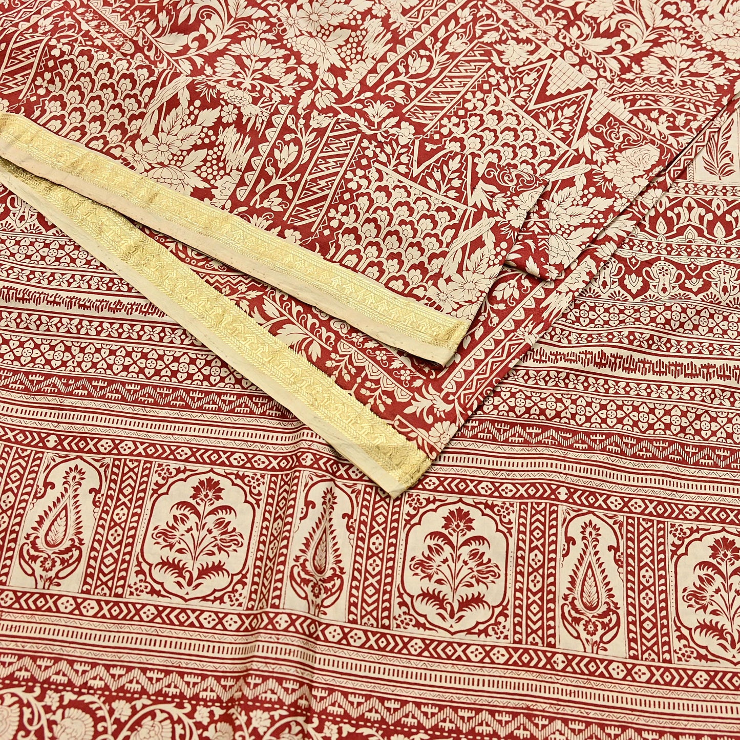 Indian Vintage Sari Rusty & Ivory 100% Pure Silk Printed Saree Craft Fabric 5yd Sewing Dress Making Soft Wrap Quilting Crafting Upcycle