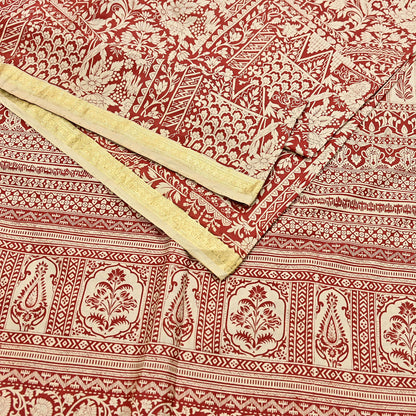 Indian Vintage Sari Rusty & Ivory 100% Pure Silk Printed Saree Craft Fabric 5yd Sewing Dress Making Soft Wrap Quilting Crafting Upcycle