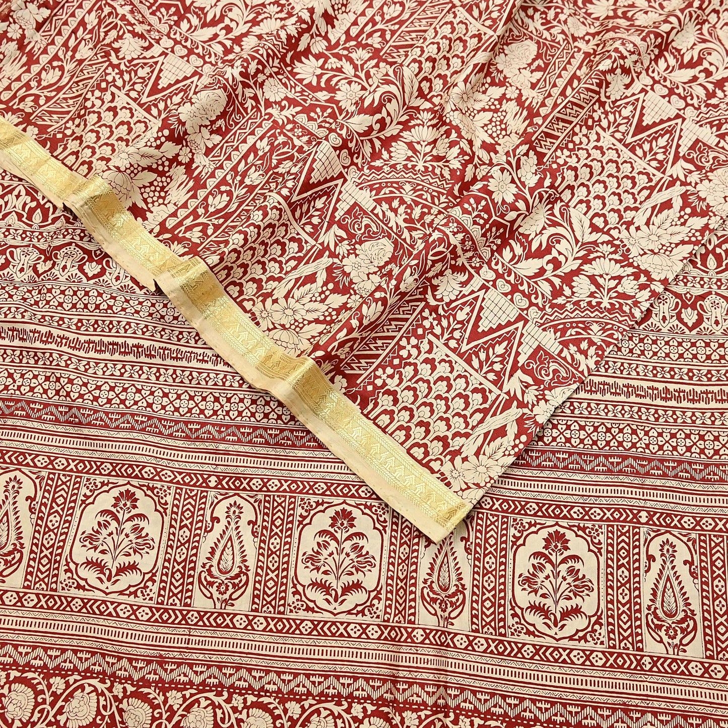 Indian Vintage Sari Rusty & Ivory 100% Pure Silk Printed Saree Craft Fabric 5yd Sewing Dress Making Soft Wrap Quilting Crafting Upcycle
