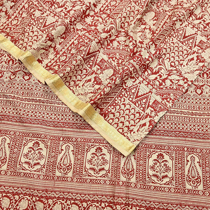 Indian Vintage Sari Rusty & Ivory 100% Pure Silk Printed Saree Craft Fabric 5yd Sewing Dress Making Soft Wrap Quilting Crafting Upcycle