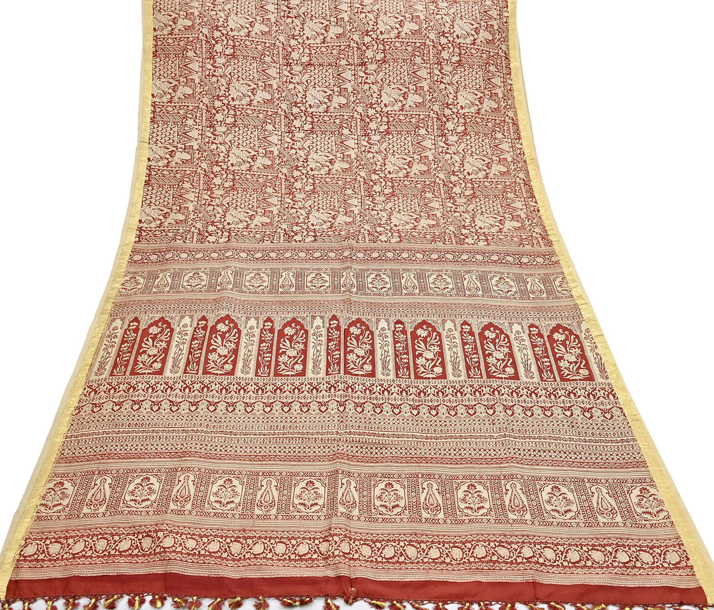 Indian Vintage Sari Rusty & Ivory 100% Pure Silk Printed Saree Craft Fabric 5yd Sewing Dress Making Soft Wrap Quilting Crafting Upcycle