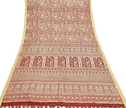 Indian Vintage Sari Rusty & Ivory 100% Pure Silk Printed Saree Craft Fabric 5yd Sewing Dress Making Soft Wrap Quilting Crafting Upcycle