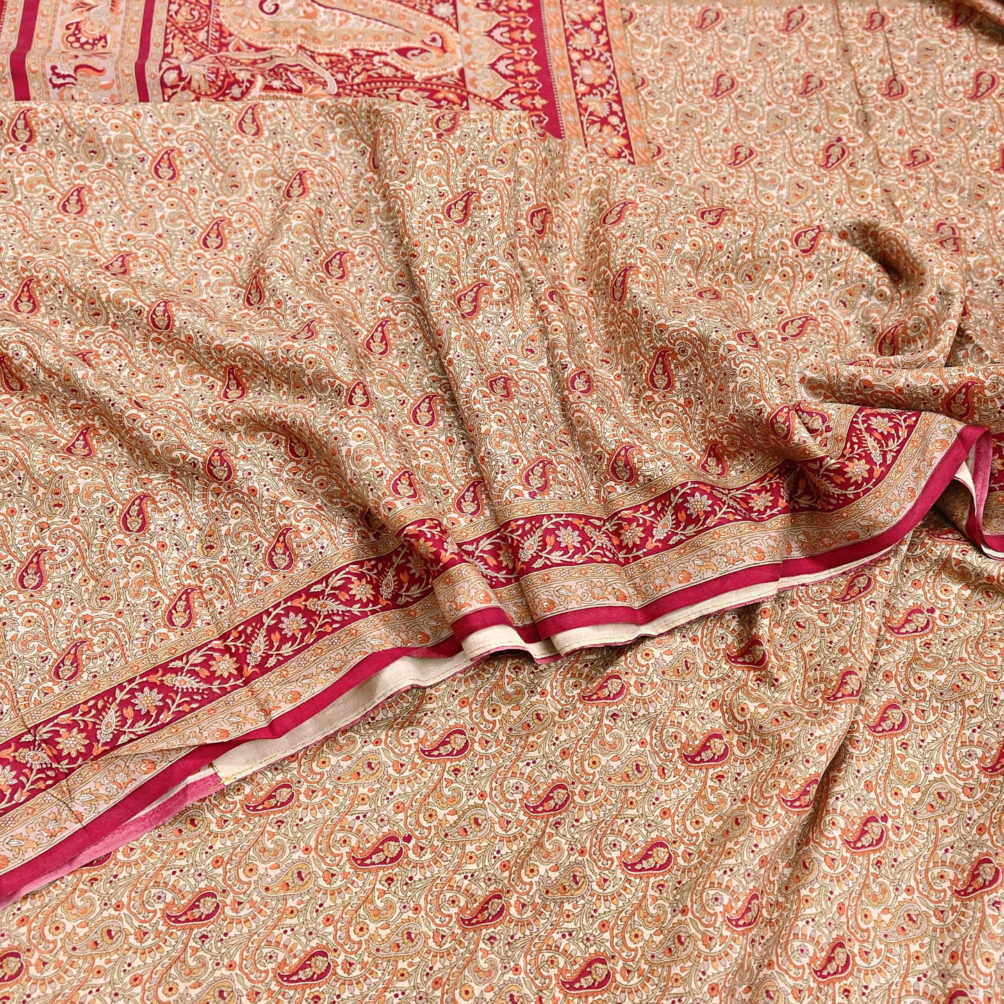 Indian Vintage Sari Beige & Red 100% Pure Silk Printed Sarees 6yd Craft Fabric Sewing Soft Dress Making Quilting Crafting Upcycle