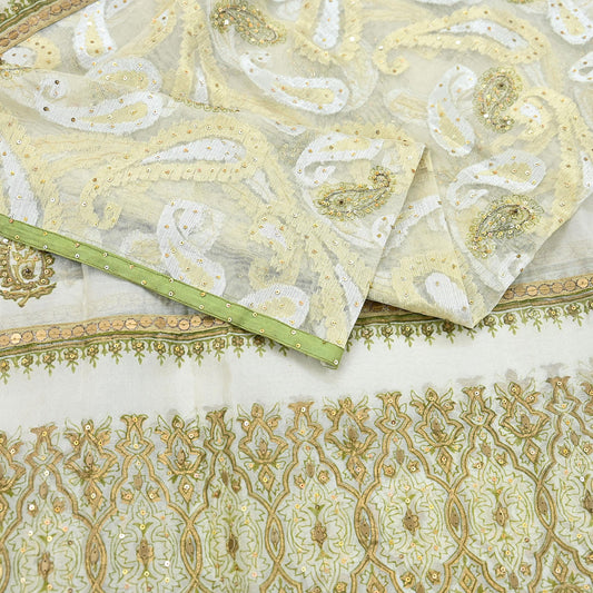 Indian Vintage Dupatta Ivory Long Stole Organza Hand embroidered Painted Scarves Veil Zari Soft Floral Design