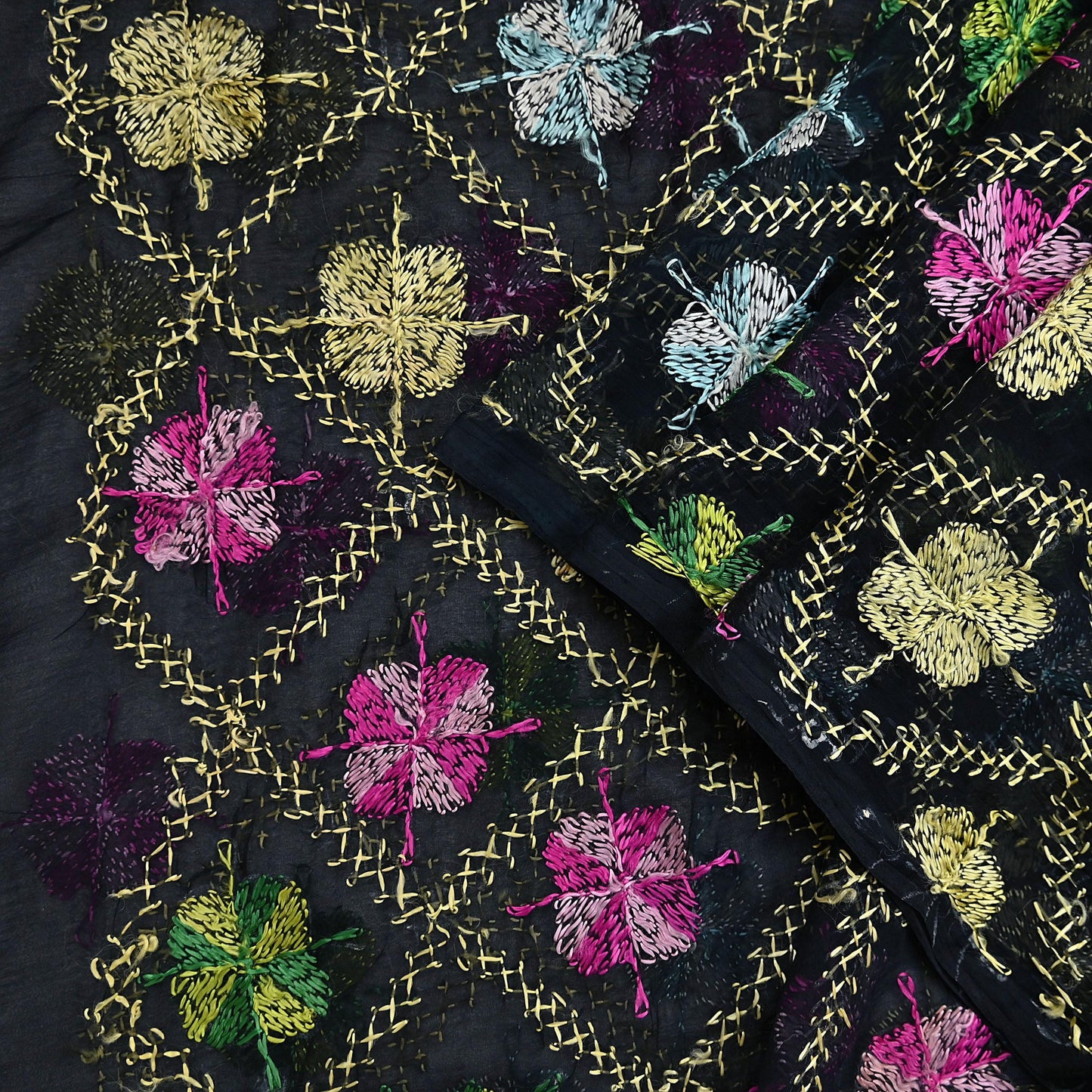 Indian Vintage Black Dupatta Long Stole Chiffon Hand Embroidered Bagh Phulkari Stole Scarves Veil soft