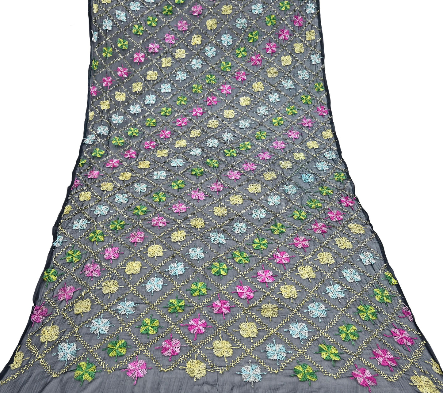 Indian Vintage Black Dupatta Long Stole Chiffon Hand Embroidered Bagh Phulkari Stole Scarves Veil soft