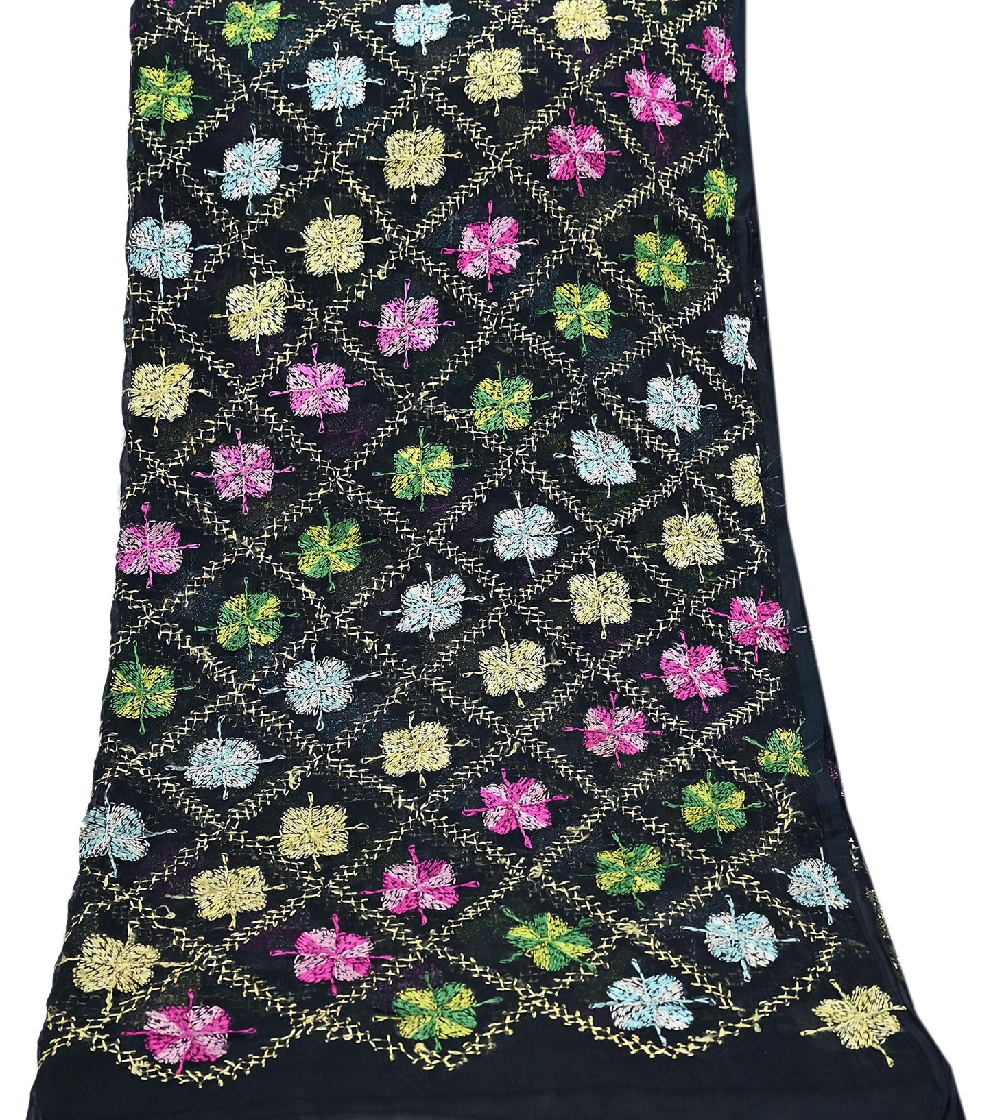 Indian Vintage Black Dupatta Long Stole Chiffon Hand Embroidered Bagh Phulkari Stole Scarves Veil soft