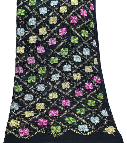 Indian Vintage Black Dupatta Long Stole Chiffon Hand Embroidered Bagh Phulkari Stole Scarves Veil soft