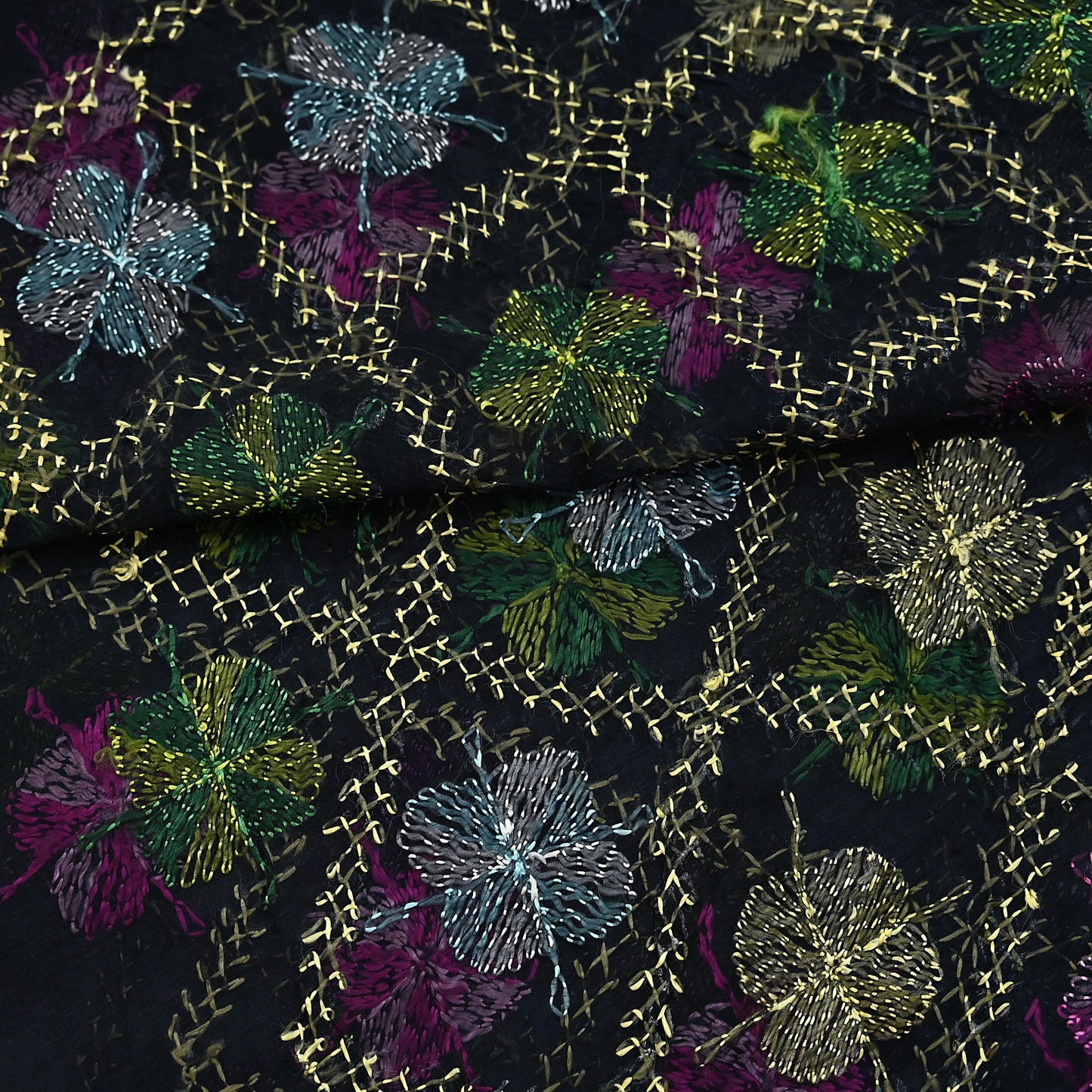Indian Vintage Black Dupatta Long Stole Chiffon Hand Embroidered Bagh Phulkari Stole Scarves Veil soft