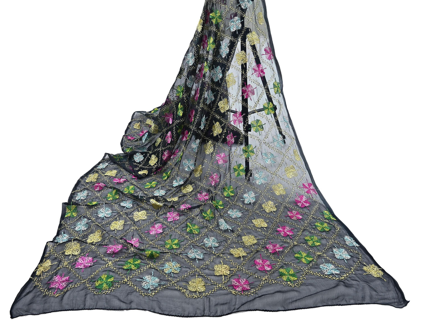 Indian Vintage Black Dupatta Long Stole Chiffon Hand Embroidered Bagh Phulkari Stole Scarves Veil soft