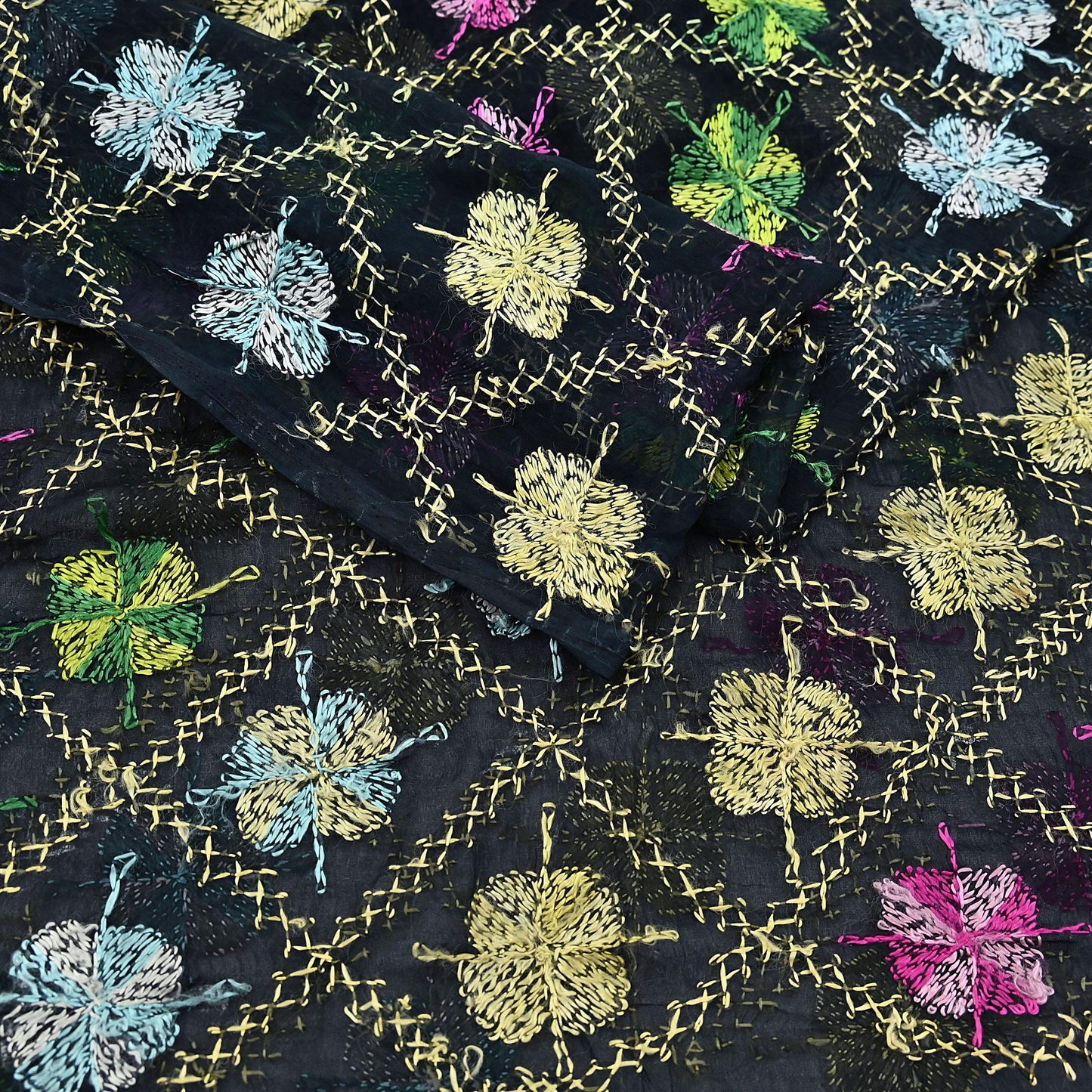 Indian Vintage Black Dupatta Long Stole Chiffon Hand Embroidered Bagh Phulkari Stole Scarves Veil soft