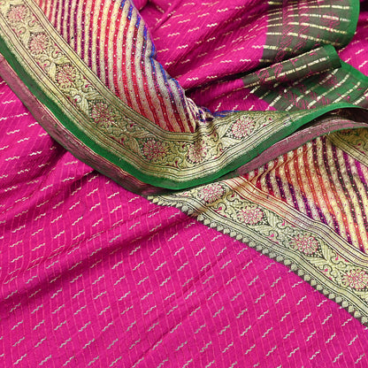 Indian Vintage Sari Heavy Wedding Pure Satin Silk Rani Pink saree Banarasi Brocade Saree Golden Zari 5Yard Fabric Ethnic Dressmaking