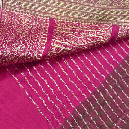 Indian Vintage Sari Heavy Wedding Pure Satin Silk Rani Pink saree Banarasi Brocade Saree Golden Zari 5Yard Fabric Ethnic Dressmaking