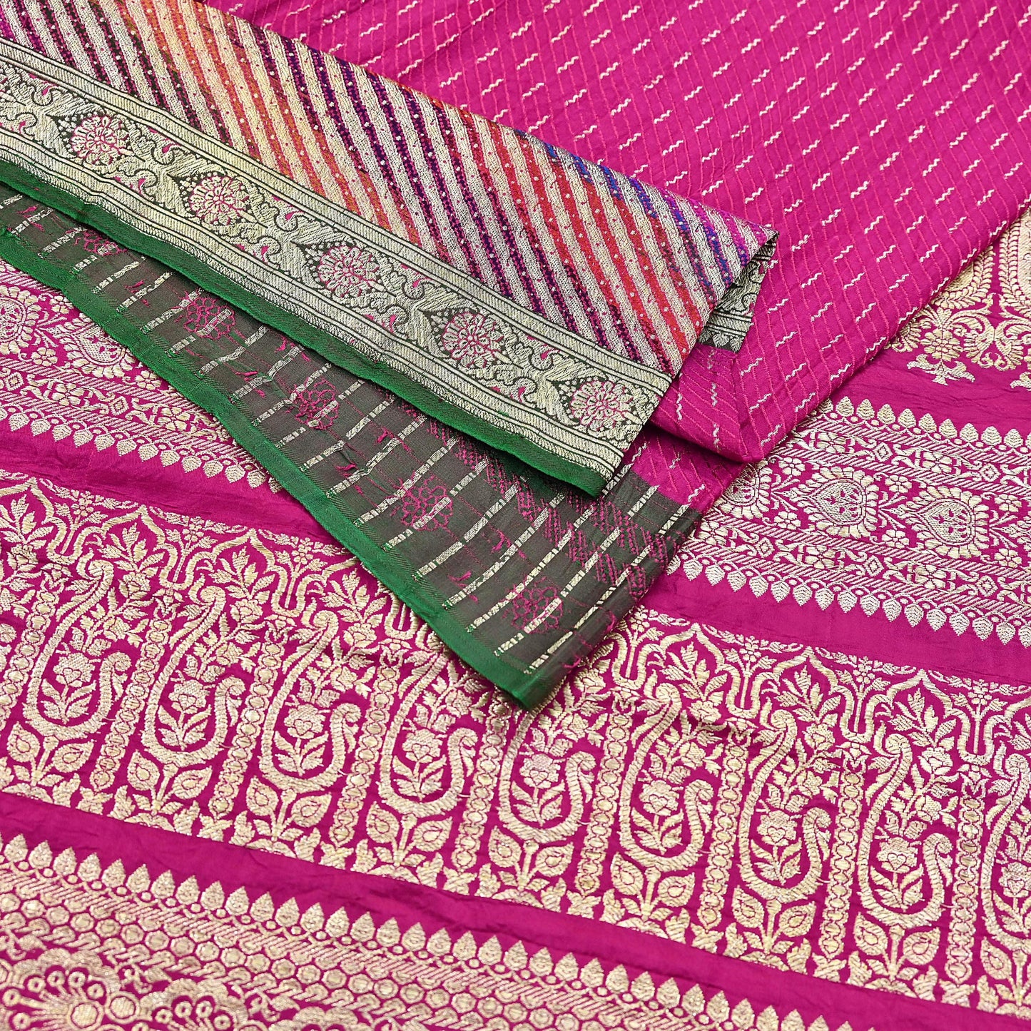 Indian Vintage Sari Heavy Wedding Pure Satin Silk Rani Pink saree Banarasi Brocade Saree Golden Zari 5Yard Fabric Ethnic Dressmaking