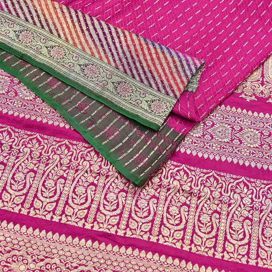 Indian Vintage Sari Heavy Wedding Pure Satin Silk Rani Pink saree Banarasi Brocade Saree Golden Zari 5Yard Fabric Ethnic Dressmaking