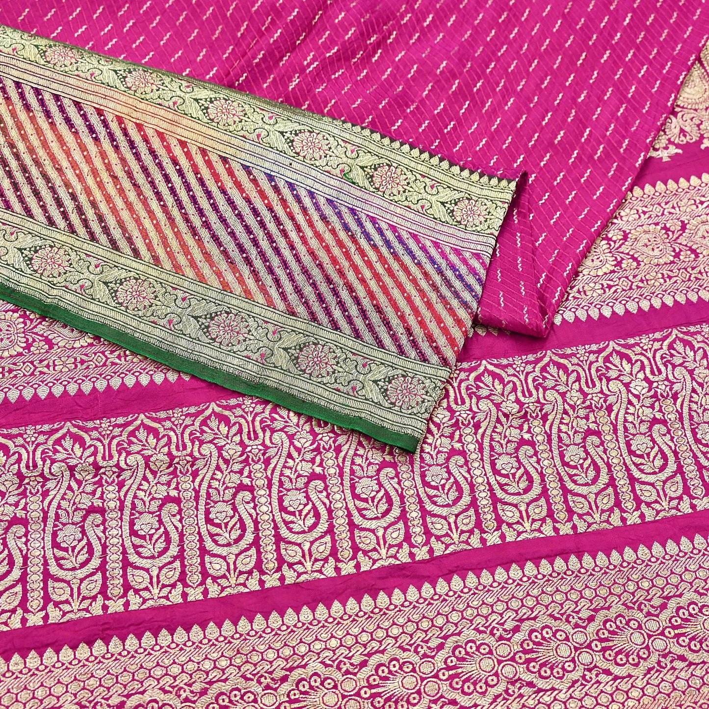 Indian Vintage Sari Heavy Wedding Pure Satin Silk Rani Pink saree Banarasi Brocade Saree Golden Zari 5Yard Fabric Ethnic Dressmaking