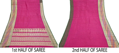 Indian Vintage Sari Heavy Wedding Pure Satin Silk Rani Pink saree Banarasi Brocade Saree Golden Zari 5Yard Fabric Ethnic Dressmaking