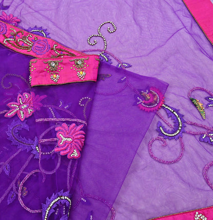 Indian Vintage Heavy Sari Purple Net/Mesh Hand Embroidered Sarees Craft Fabric 5Yd Sewing Soft Zardozi Wedding sarees