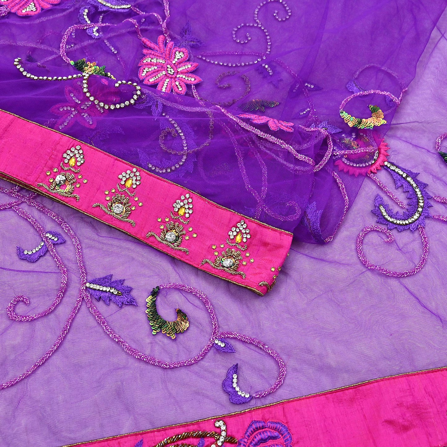 Indian Vintage Heavy Sari Purple Net/Mesh Hand Embroidered Sarees Craft Fabric 5Yd Sewing Soft Zardozi Wedding sarees