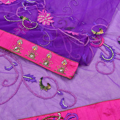 Indian Vintage Heavy Sari Purple Net/Mesh Hand Embroidered Sarees Craft Fabric 5Yd Sewing Soft Zardozi Wedding sarees