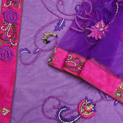 Indian Vintage Heavy Sari Purple Net/Mesh Hand Embroidered Sarees Craft Fabric 5Yd Sewing Soft Zardozi Wedding sarees