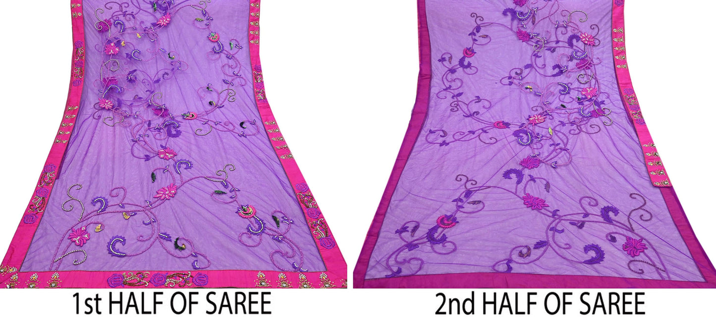 Indian Vintage Heavy Sari Purple Net/Mesh Hand Embroidered Sarees Craft Fabric 5Yd Sewing Soft Zardozi Wedding sarees