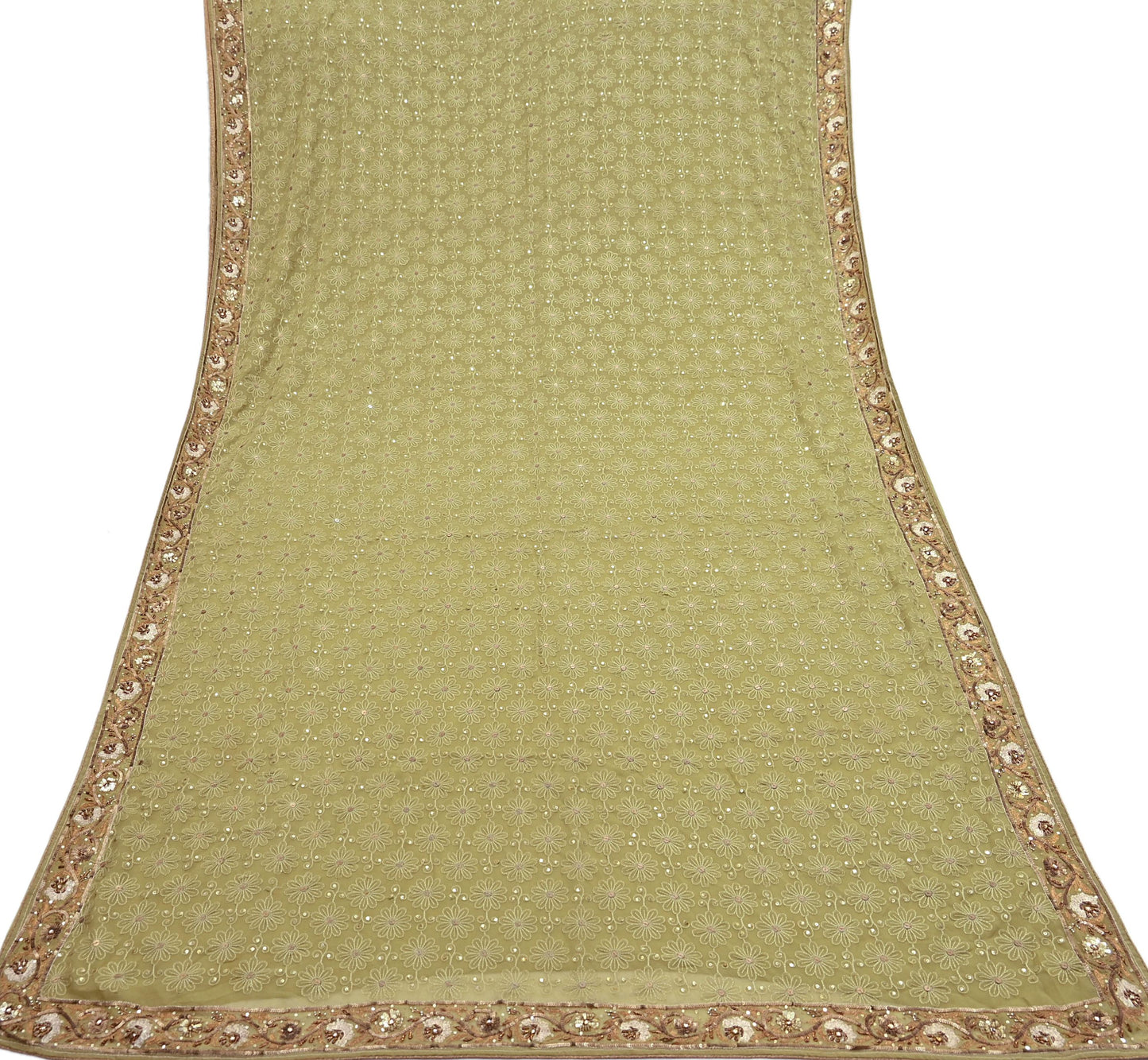 Indian Vintage Heavy Green Saree Georgette Embroidered Sari Craft Fabric 5Yd Sewing Soft Ethnic Zari Dress Making wedding Sari