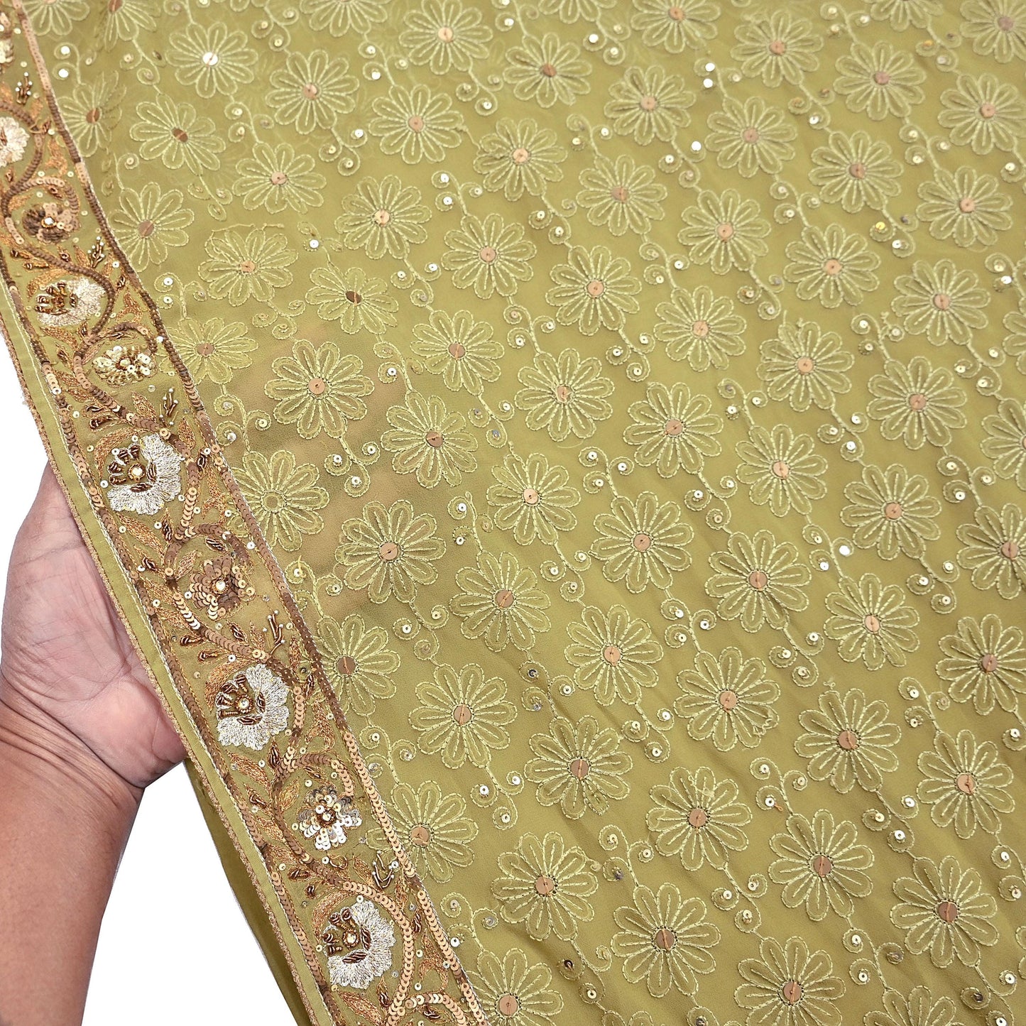 Indian Vintage Heavy Green Saree Georgette Embroidered Sari Craft Fabric 5Yd Sewing Soft Ethnic Zari Dress Making wedding Sari